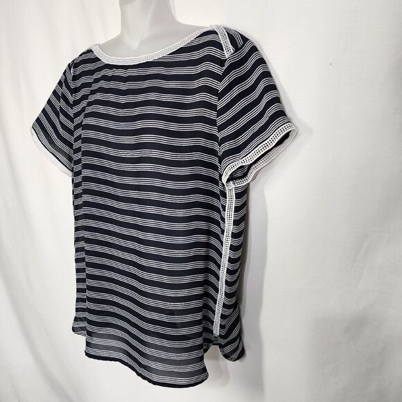 Ann Taylor LOFT Womens Top Medium Sheer White Navy Stripe Lace Trim Short Sleeve - Picture 4 of 10